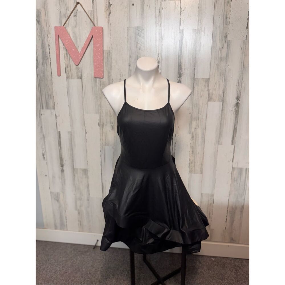 Eta Faux Leather Mini Dress Womens Medium Black Strappy Back Bubble Hem NWT